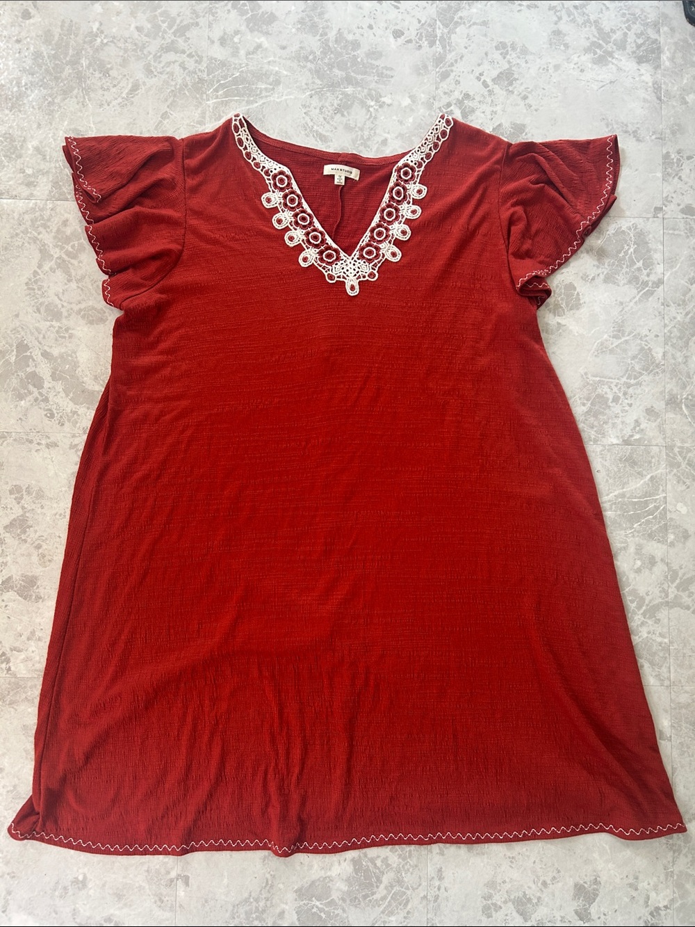 Women’s Orange Red V-Neck Embroidered Short Sleeve Tunic